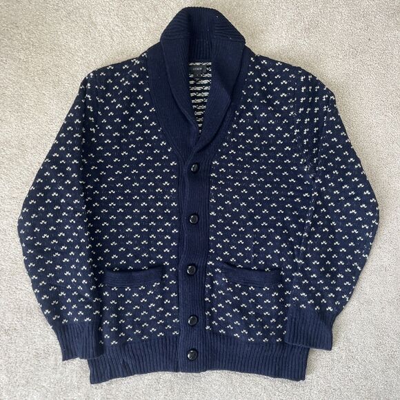 J Crew Cardigan Sweater Mens Small Navy Birds Eye Lambswool V-neck Button Preppy - Picture 1 of 6